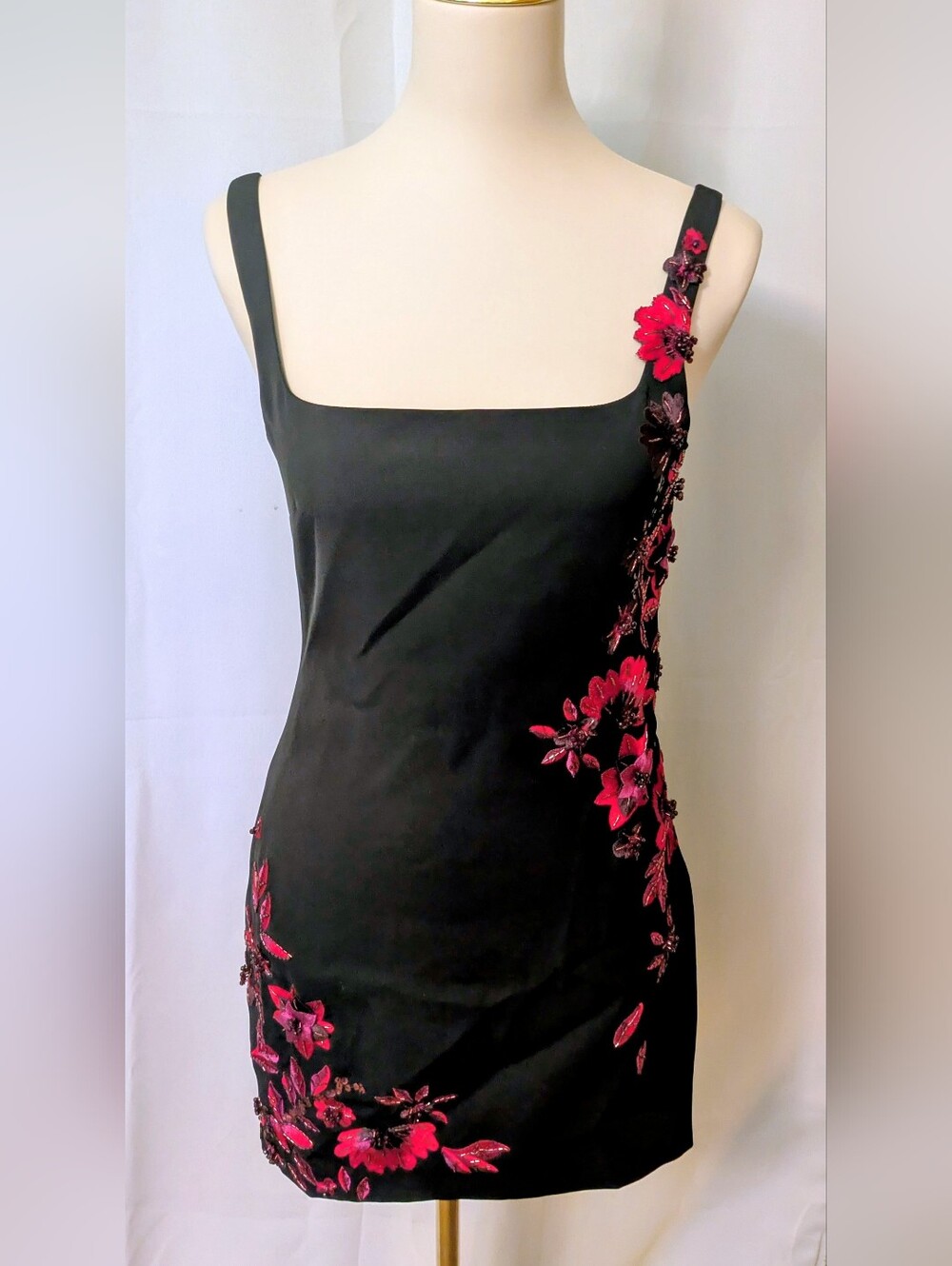 Ramy Brook Black One-Shoulder Dress with Pink Floral Appliqué